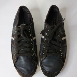 COACH Brown Leather Sneakers with Blue and White Stripes